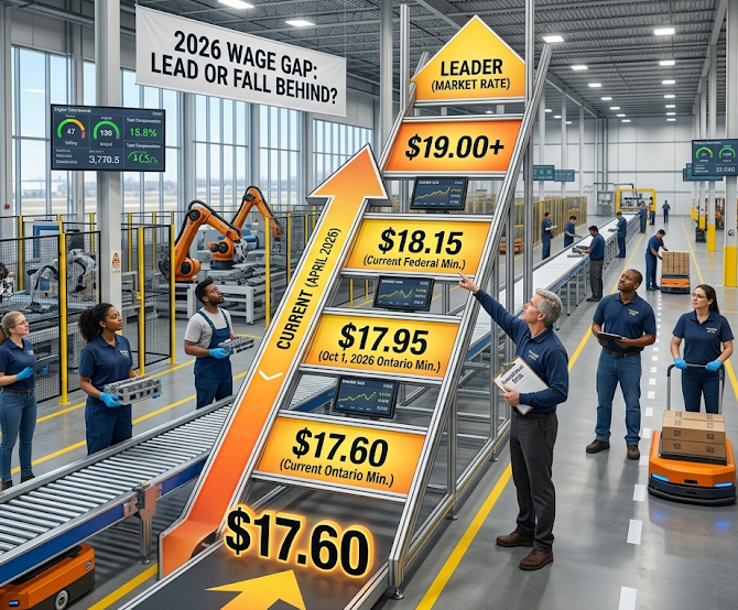 Graphic showing 2026 Ontario and Federal minimum wage increases for industrial workers.